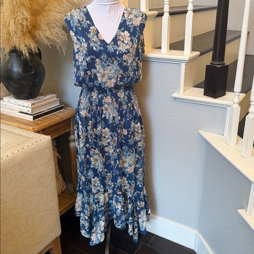 Reset by Jane Ariel Blue Floral Flowy Midi Dress Boho Ruffle Size Small - Picture 7 of 9